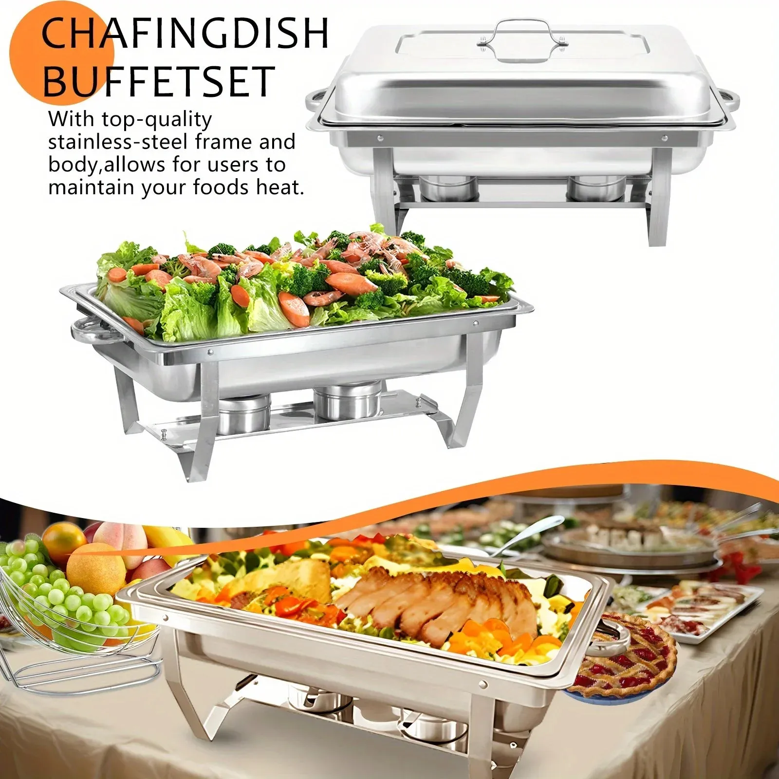8Qt Chafing Dish Set Silver Stainless Steel Full Size Catering Chafer Banquet
