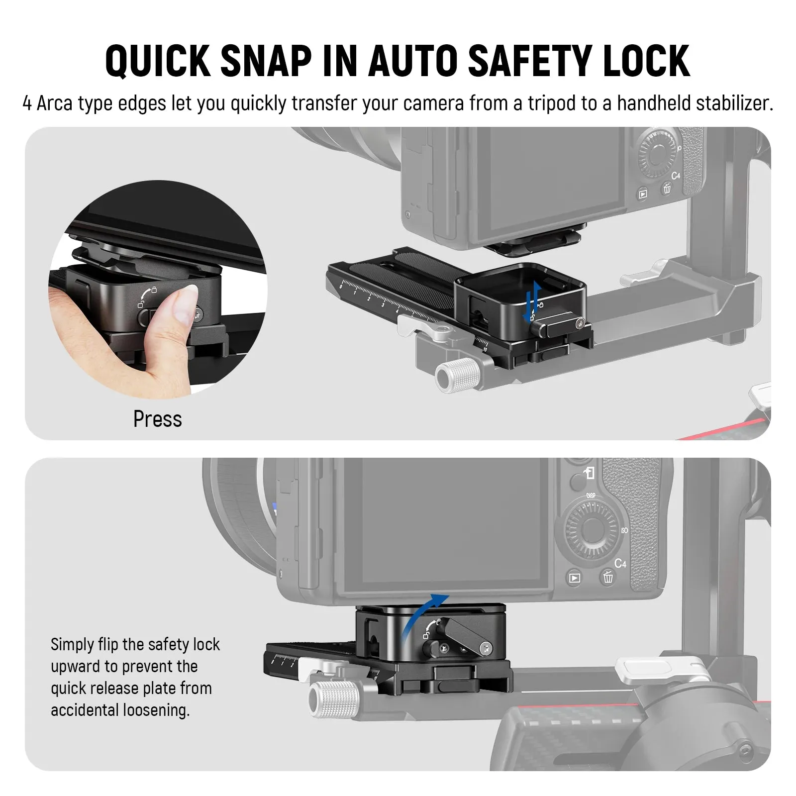 Adjustable Arca Quick Release System for Handheld Gimbals 1/25mm Lens Support Auto Lock Square Qr Plate