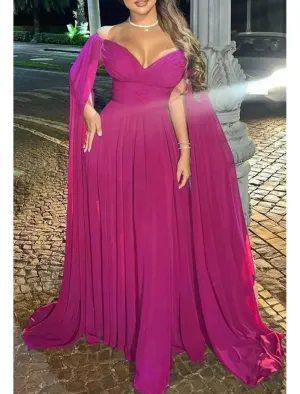 Luolandi A-Line Evening Gown Elegant Dress Formal Wedding Party Sweep / Brush Train Sleeveless Off Shoulder Capes Chiffon with Pleats Solid Color