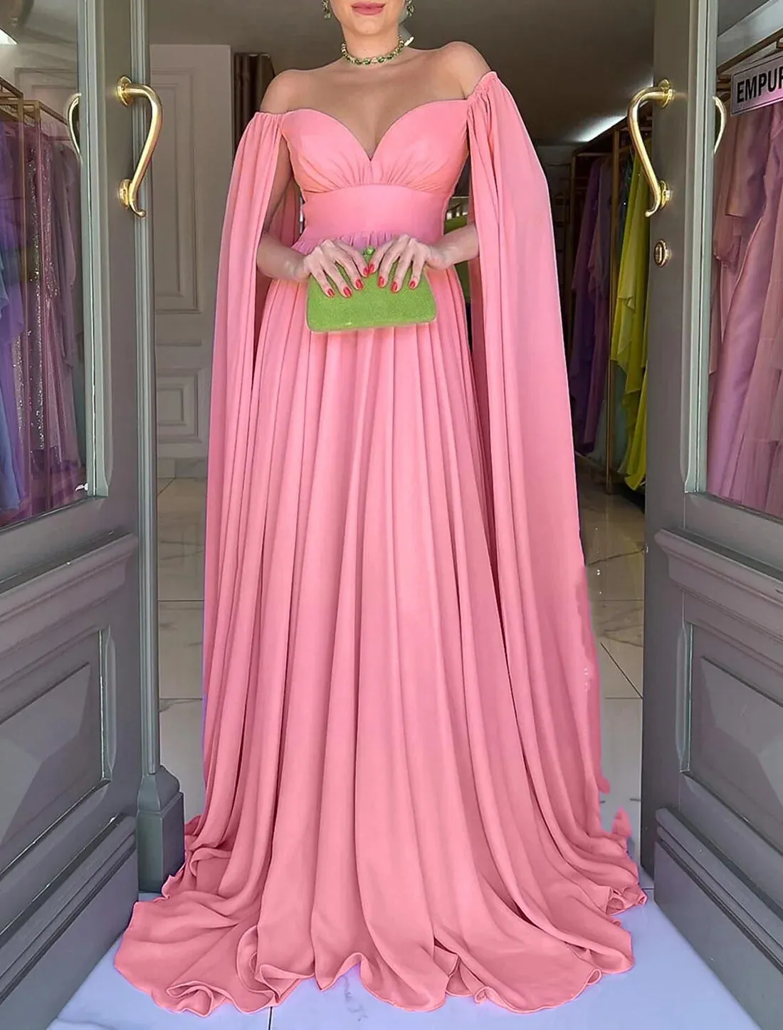 Luolandi A-Line Evening Gown Elegant Dress Formal Wedding Party Sweep / Brush Train Sleeveless Off Shoulder Capes Chiffon with Pleats Solid Color