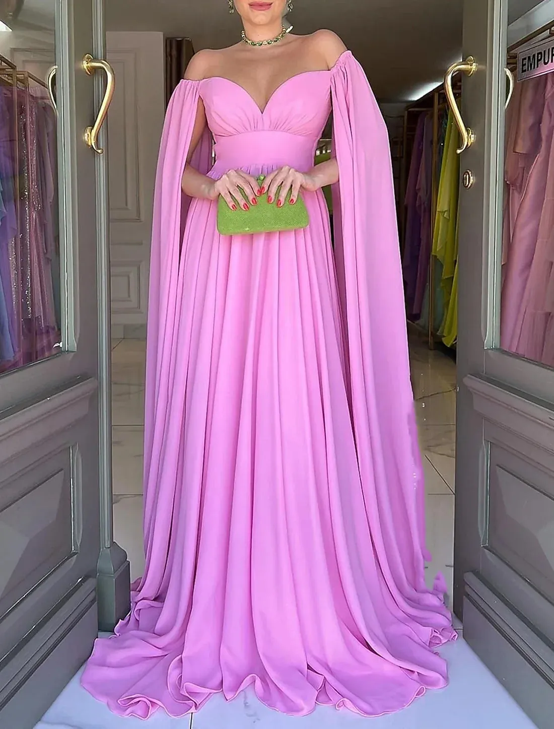 Luolandi A-Line Evening Gown Elegant Dress Formal Wedding Party Sweep / Brush Train Sleeveless Off Shoulder Capes Chiffon with Pleats Solid Color