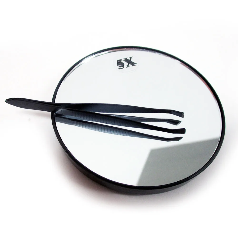 Make Up Mirror Cosmetic 5x Magnifying Compact With Suction Cups and Tweezers Set