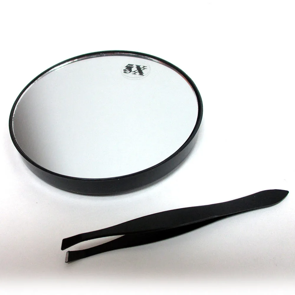 Make Up Mirror Cosmetic 5x Magnifying Compact With Suction Cups and Tweezers Set