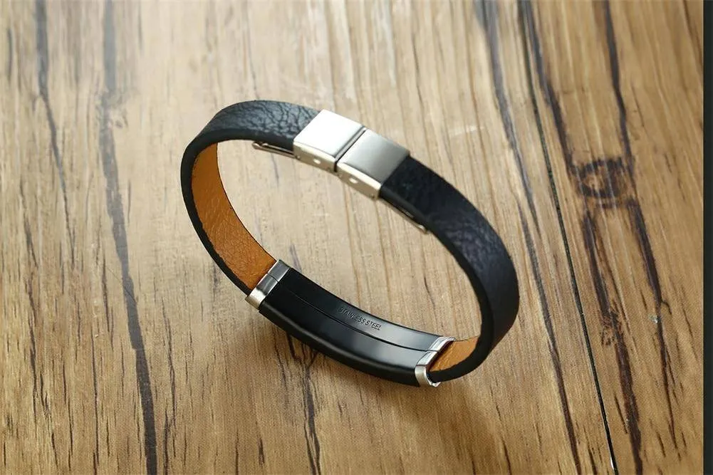 Mens Diabetic Medical Alert Bracelet - Black Leather - Type 1 and Type 2 Diabetes
