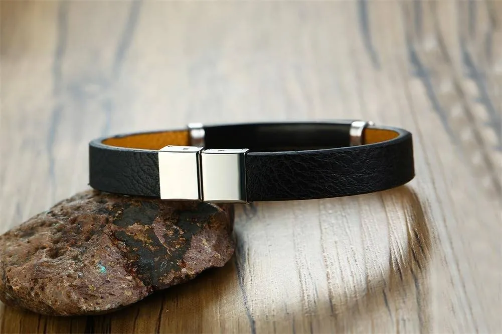 Mens Diabetic Medical Alert Bracelet - Black Leather - Type 1 and Type 2 Diabetes
