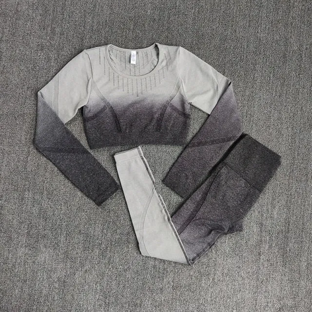 Ombre Women Yoga Set Workout Long Sleeve Crop Top Sports Bra Seamless
