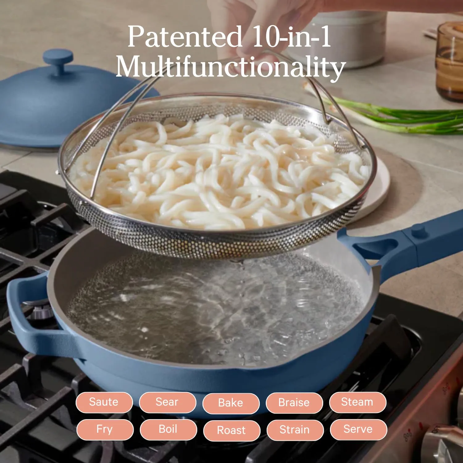 Our Place Always Pan 2.0-10.5 (2.6 Qt) Nonstick, Toxin-Free Ceramic Cookware | Patented 10-in-1 Aluminum Frying & Saut Pan | Safe for Oven, Induction & All Cooktops up to 450F | Blue Salt